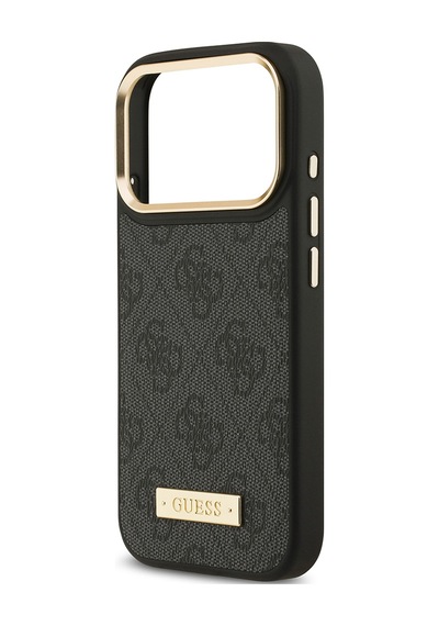 Apple Uyumlu iPhone 17 Pro Kılıf Guess Lisanslı M-safeli 4g Desenli Pu Metal Plaka Klasik Logolu Siyah Siyah