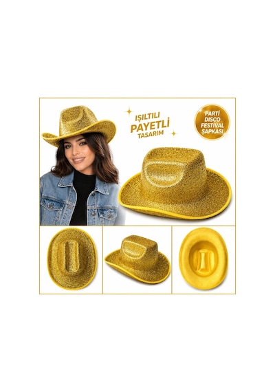 NessiWorld Parlak Altın Gold Kovboy Şapka Kadın Erkek Parti Disco Festival Şapkası