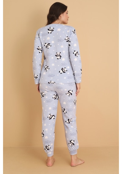 Wordex Fawn 1204 Peluş Welsoft Polar Kışlık Yumoş Panda Kadın Pijama Takımı Açık Mavi