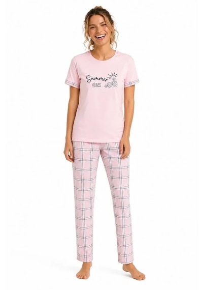 Modi Pamuklu Penye Summer Baskılı Kısa Kollu Pijama Takımı Ekose Desenli - Pembe