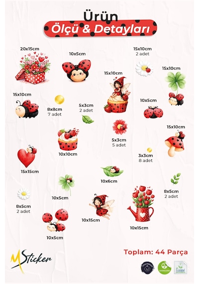 Uğur Böceği Çift Taraflı Cam Sticker Seti 44 Parça Sevimli Papatya, Kalp Ve Peri Figür Cam Sticker Dijital Baskı