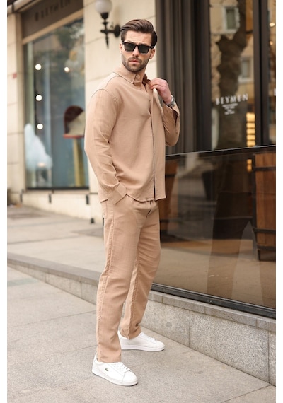 Madmext Camel Gömlek Pantolon Erkek İkili Takım E7322 Camel