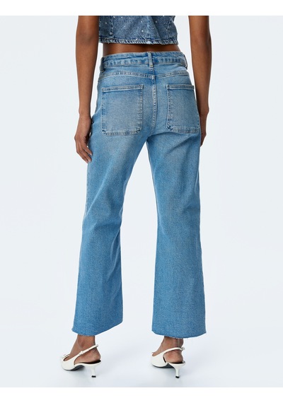 Koton İspanyol Paça Düğmeli Normal Bel Denim Pantolon - Flare Jeans Orta İndigo 5sal40132md Indigo