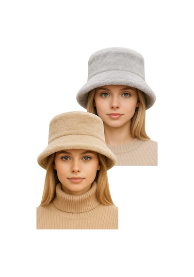 Uniquetrenders Kadın Ayarlanabilir Peluş Bucket Kova Şapka 2'li Set Gri - Bej
