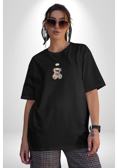 Gerçeklikten Uzak Tutun Siyah Oversize Unisex Ön Orta Minimal Baskılı Tişört Siyah