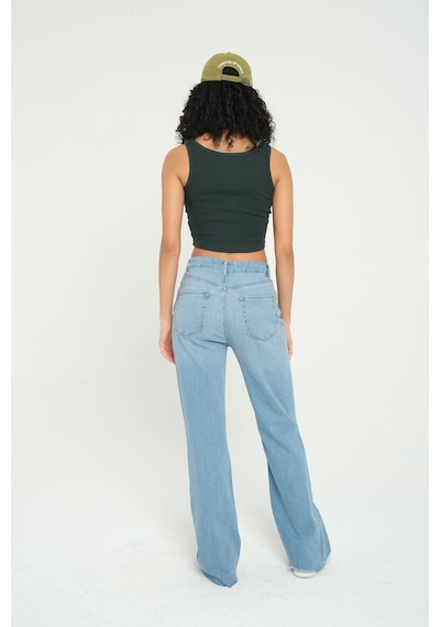 Hiccup Kare Yaka Fitilli Düğmeli Tank Top Orman Yeşili