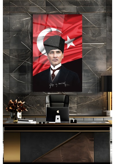 Atatürk Portre Ve Türk Bayrağı Dikey Cam Tablo Evlika, Modern Duvar Dekoru , Kurum Ofis İş Hediyelik Tablo