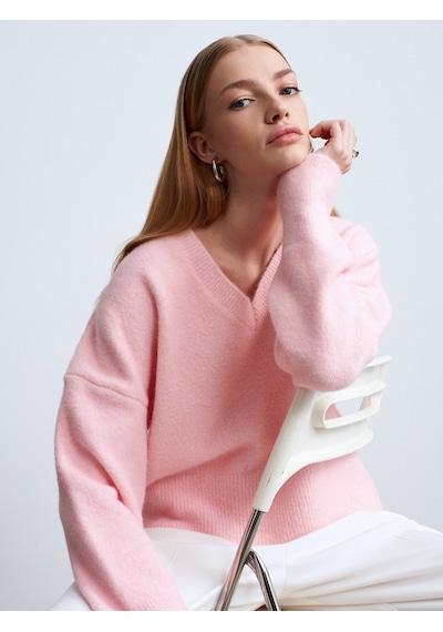 Dilvin 10645 V Yaka Yün Karışımlı Kazak-pembe Pembe