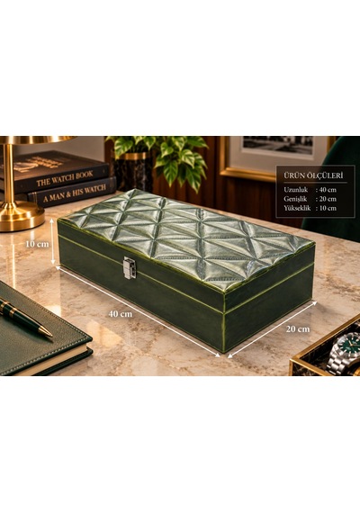 Saat Kutusu 12'li Premium Pull-up Deri - Geometrik Desenli Haki