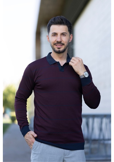 Hk Premium Çizgili Polo Yaka Slim Fit Triko Kazak Bordo