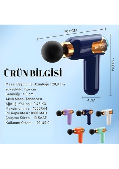 Merxas Darbeli Titreşimli Şarjlı Sporcu Masaj Tabancası 4 Başlıklı Mavi