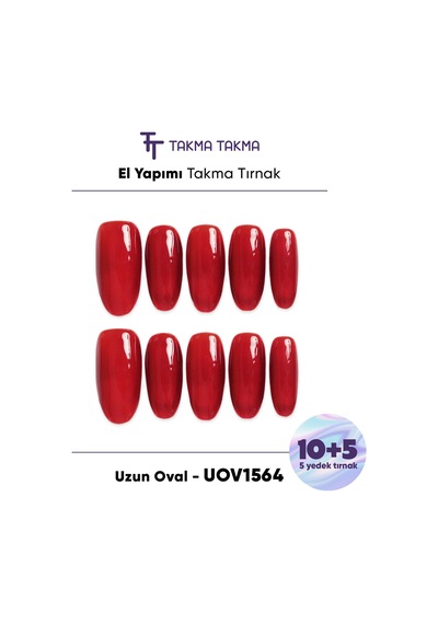 15'li Kırmızı Uzun Oval Uov1564 Tekrar Kullanılabilir El Yapımı Protez Takma Tırnak L