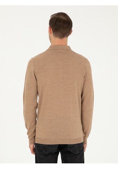 Cacharel Camel Slim Fit Yün Karışımlı Polo Yaka Basic Triko Kazak Kahverengi