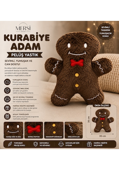 Kurabiye Adam Peluş Yastık Sevimli Dekoratif Yumuşak Oyuncak Çocuk Odası Peluşu Boz Kahve