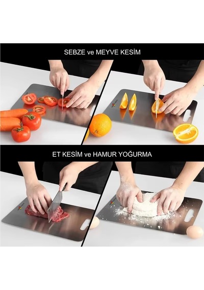 Kaliteli Paslanmaz Çelik Kokmaz Bakteri Tutmaz Mikroplastik Bırakmayan Kesme Tahtası Panosu Tezgahı Levhası Gümüş