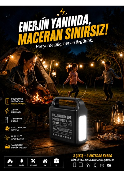 100000mah Powerbank 22.5w Hızlı Şarj Dahili Kablolu Lcd Ekranlı Led Fenerli 3a Taşınabilir Güç İstasyonu siyah