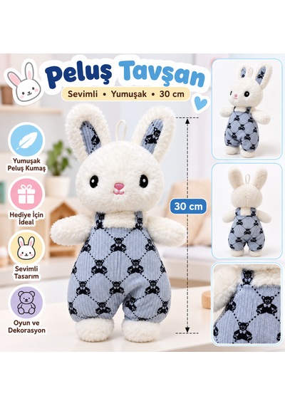 Halley Oyuncak Peluş Tavşan Oyuncak Mavi Tulumlu Sevimli Tavşan 20 Cm Beyaz - mavi