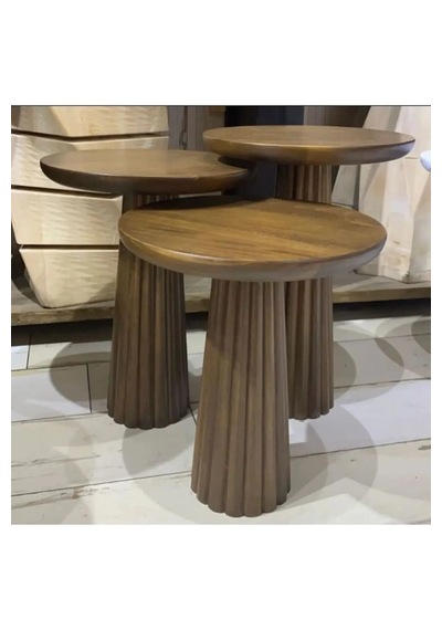 Wood 3 Lü Set Mantar Yan Sehpa Modern Ahşap Ceviz Renk Fiskos
