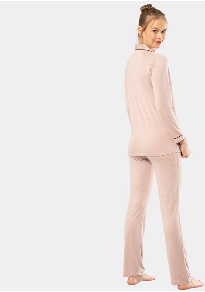 Türen Düz Uzun Kollu Gömlek Yaka Pijama Takım 3365/pudra 001