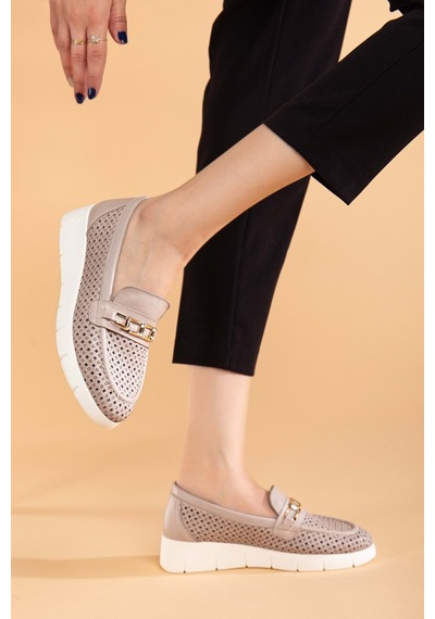 Analin Shoes Kadın Hakiki Deri Günlük Lazerli Tokalı Rahat Ayakkabı Silvergrey