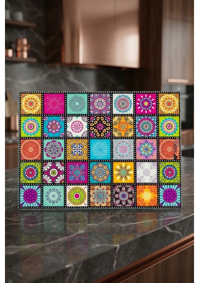 Makri Home Dekoratif Desenli Cam Kesme Tahtası 25 Cm 35 Cm Çok Renkli