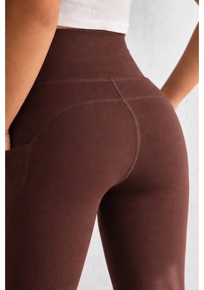Balenbi Haute Kadın Yüksek Bel Toparlayıcı Çift Cepli Leggings Fitness Tayt 1092 Kahverengi