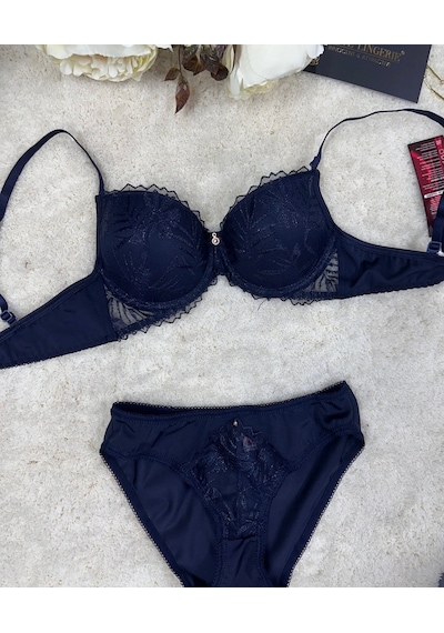 Le Jardin Parlak Simli İpli Brodeli Push-up Sütyen Külot Takım-50 Lacivert