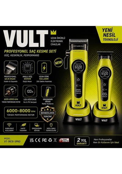 Vult - 2'li Tıraş Makinesi Seti - Vt-9878-spro Profesyonel Berber Tipi Kablosuz Clipper & Trimmer 6000-8000 Rpm Motor 200 Dakika Pil Led Ekran Dlc Bıçak - Yeşil Vult - 2'li Tıraş Makinesi Seti - Vt-9878-spro Profesyonel Berber Tipi Kablosuz Clipper & Trimmer 6000-8000 Rpm Motor 200 Dakika Pil Led Ekran Dlc Bıçak - Yeşil