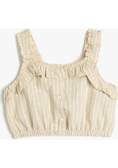 Koton Crop Bluz Askılı Fırfırlı Düğmeli Bej Çizgili 3skg60041aw 3SKG60041AW0S5 Ekru