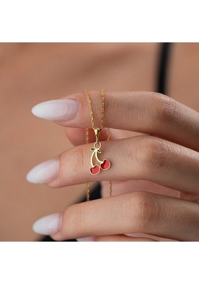 925 Ayar Gümüş Altın Kaplama Kırmızı Mineli Kiraz Kolye Gold
