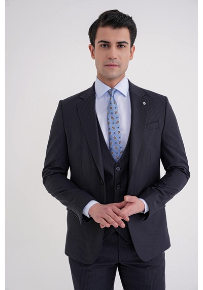 Efor Slim Fit Çift Yırtmaç Çizgili Esnek Yünlü Lacivert Yelekli Klasik Takım Elbise Tk 935 Lacivert