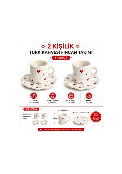 El Yapımı Seramik Türk Kahvesi Fincan Takımı,2 Kişilik-4 Parça Fincan Seti,75 Ml Çok Renkli - Kırmızı Kalp Desen