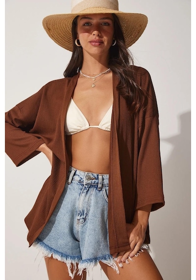 Trend Alisse Kadın Kahverengi Bürümcük Kimono Ceket-düz Kahverengi
