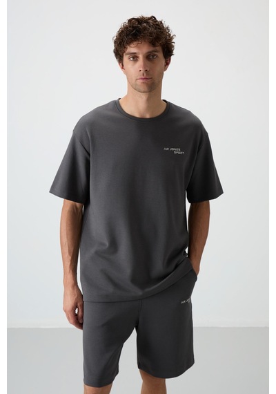 Haki Pamuklu Kalın Yumuşak Dokulu Oversize Fit Nakışlı Erkek Şort Takım - 85250