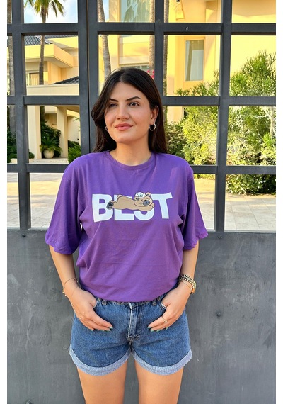 Mor Renk Best Baskı Ayıcık Desenli Unisex Oversize T-shirt Mor