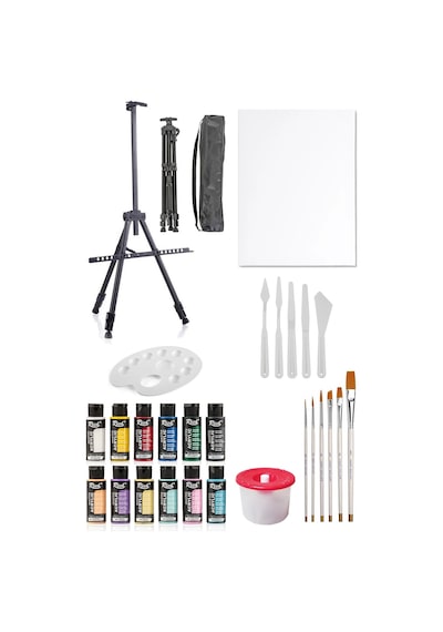 Rich Mastermix Akrilik Boya Seti 12 Renk 3 Ayaklı Şövale 35x50 Tuval Metal Şövale Plastik Spatül Set