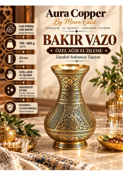 Aura Copper Dekoratif Bakır Vazo 23 Cm Ağır El İşlemeli El Yapımı Obje Çiçeklik Vz-00001