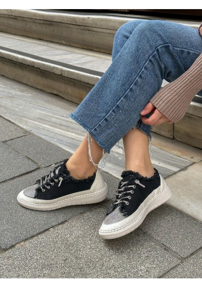 Erva'nın Butiği Siyah Keten Jule Taş Bağcıklı Kadın Sneakers-5784