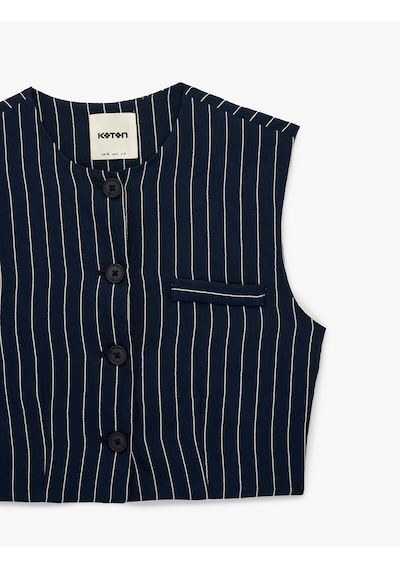 Koton Düğmeli Bisiklet Yaka Çizgili Crop Blazer Yelek Lacivert Çizgili 6sak20028pw 7s2