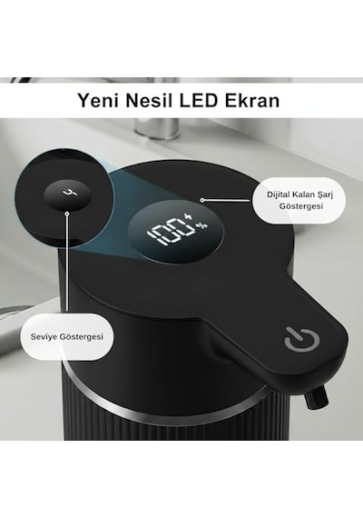 Otomatik Sensörlü Köpük Sıvı Sabunluk - Şarjlı- Dijital Led Ekran - Duvara Monte - E15 Model Siyah 12 Izgara