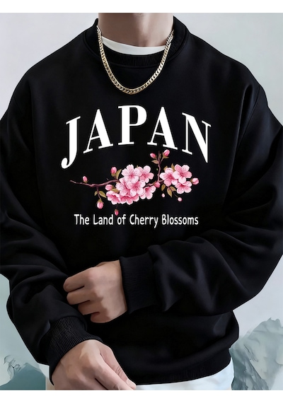 Startmore Startmorejaponya Kiraz Çiçekleri Ülkesi Baskılı Erkek Kapüşonlu Üstleri Sonbahar Bol Sweatshirt Temel Siyah