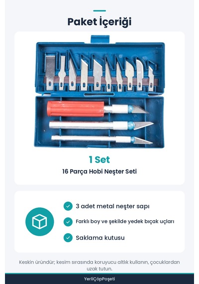 16 Parça Hobi Bıçağı Seti - 13 Maket Bıçağı Ucu - Gravür Seti