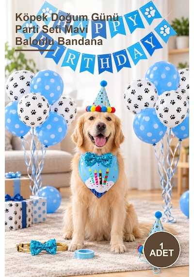 1 Adet Köpek Doğum Günü Parti Seti Mavi Balonlu Bandana