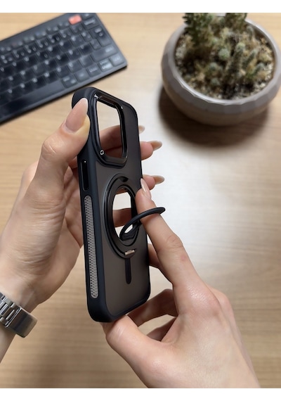 Apple Uyumlu iPhone 15 Pro Standlı Ve Yüzüklü Magsafe Kılıf Siyah
