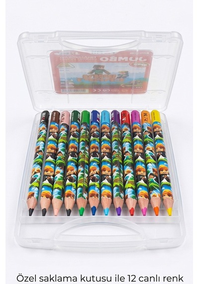 12 Li Jumbo Kuru Boya Kalemi Plastik Kutu 1 Paket Fatih Mini Craft Figürlü 12 Renk Kalın Kuruboya Tam Boy Renkli Kalem Çok Renkli