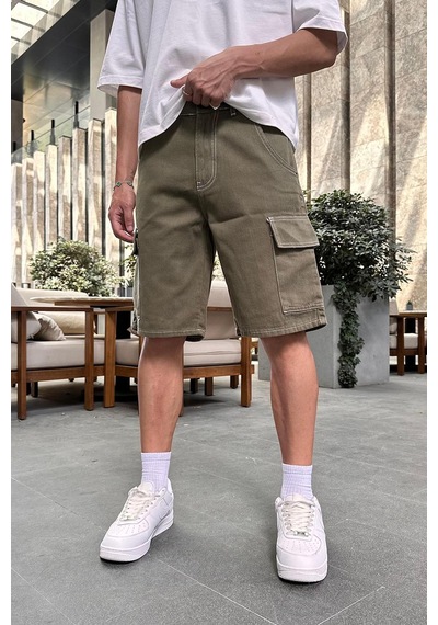 Haki Kargo Cepli Beyaz Ters Dikişli Dl Baggy Kot Şort Haki
