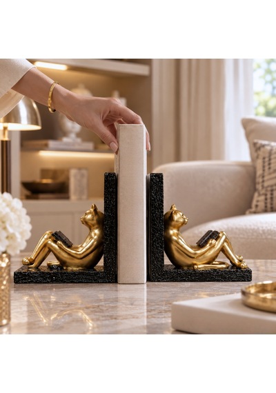 Feline Siyah/gold Kedi Kitap Tutucu Biblo Seti 2 Adet