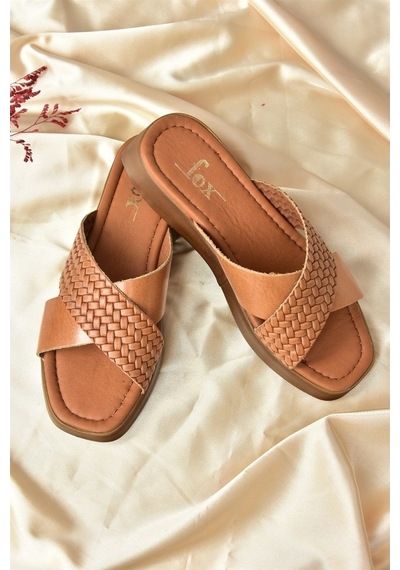 Fox Shoes Taba Hakiki Deri Çapraz Bantlı Kadın Terlik M291049903