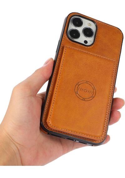 Iphone 12 Pro Max Uyumlu Kart Bölmeli Cüzdanlı Deri Kılıf Taba