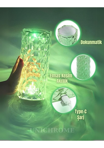 Kristal Elmas Led Dokunmatik Sensör Usb Şarjlı Masa Lambası Rgb Gece Lambası Diğer